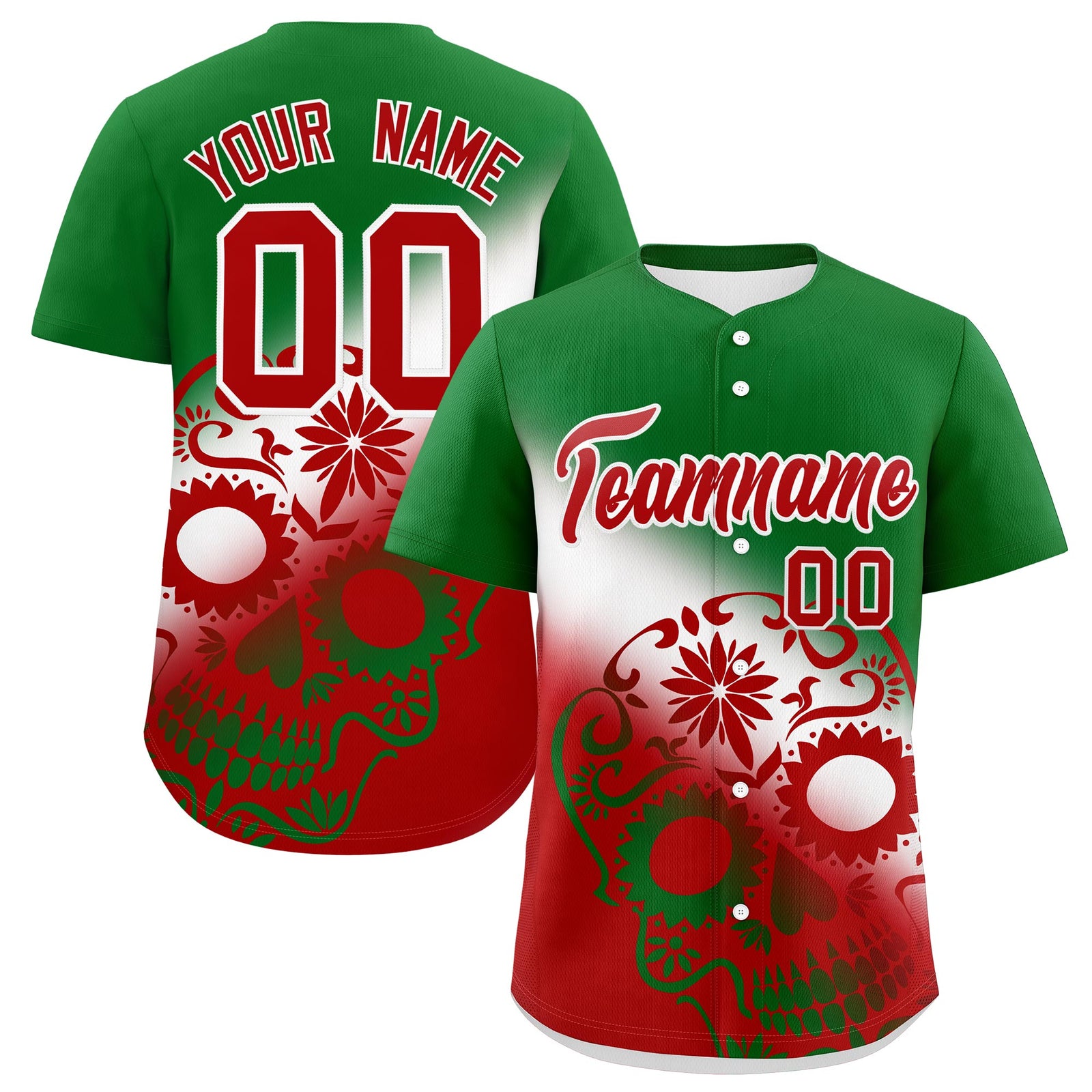 Custom Kelly Green White Red Graffiti Pattern Mexican style Stretch Fabric Baseball Jersey| KXKSHOP