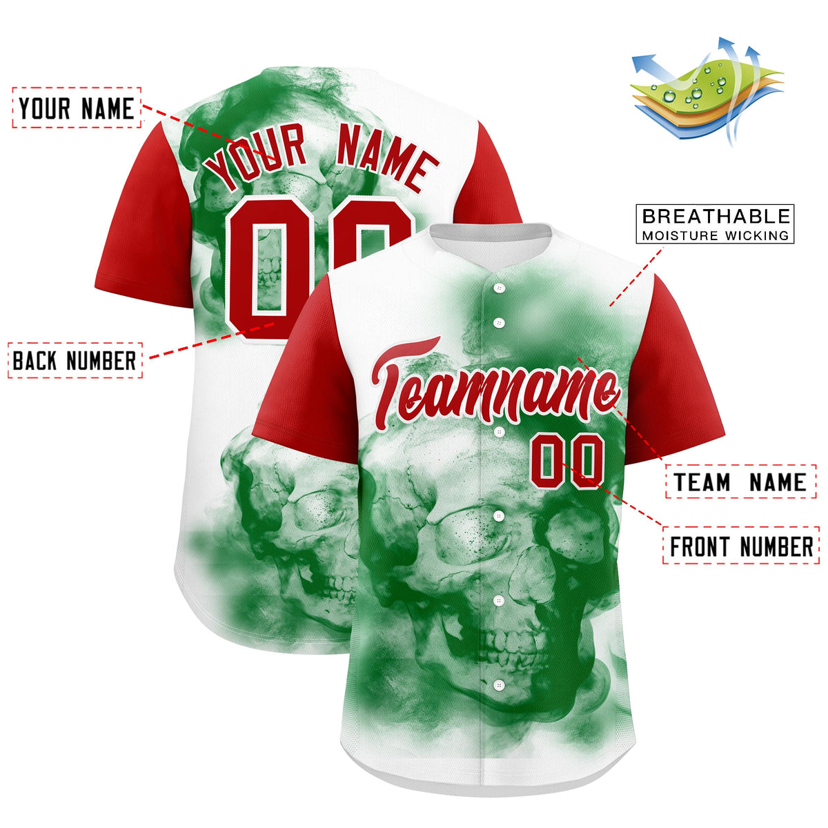 Custom White Red Kelly Green Graffiti Pattern Mexican style Stretch Fabric Baseball Jersey| KXKSHOP