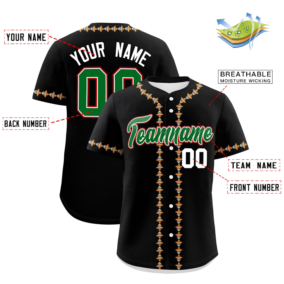 Custom Black Kelly Green White Graffiti Pattern Mexican style Stretch Fabric Baseball Jersey| KXKSHOP