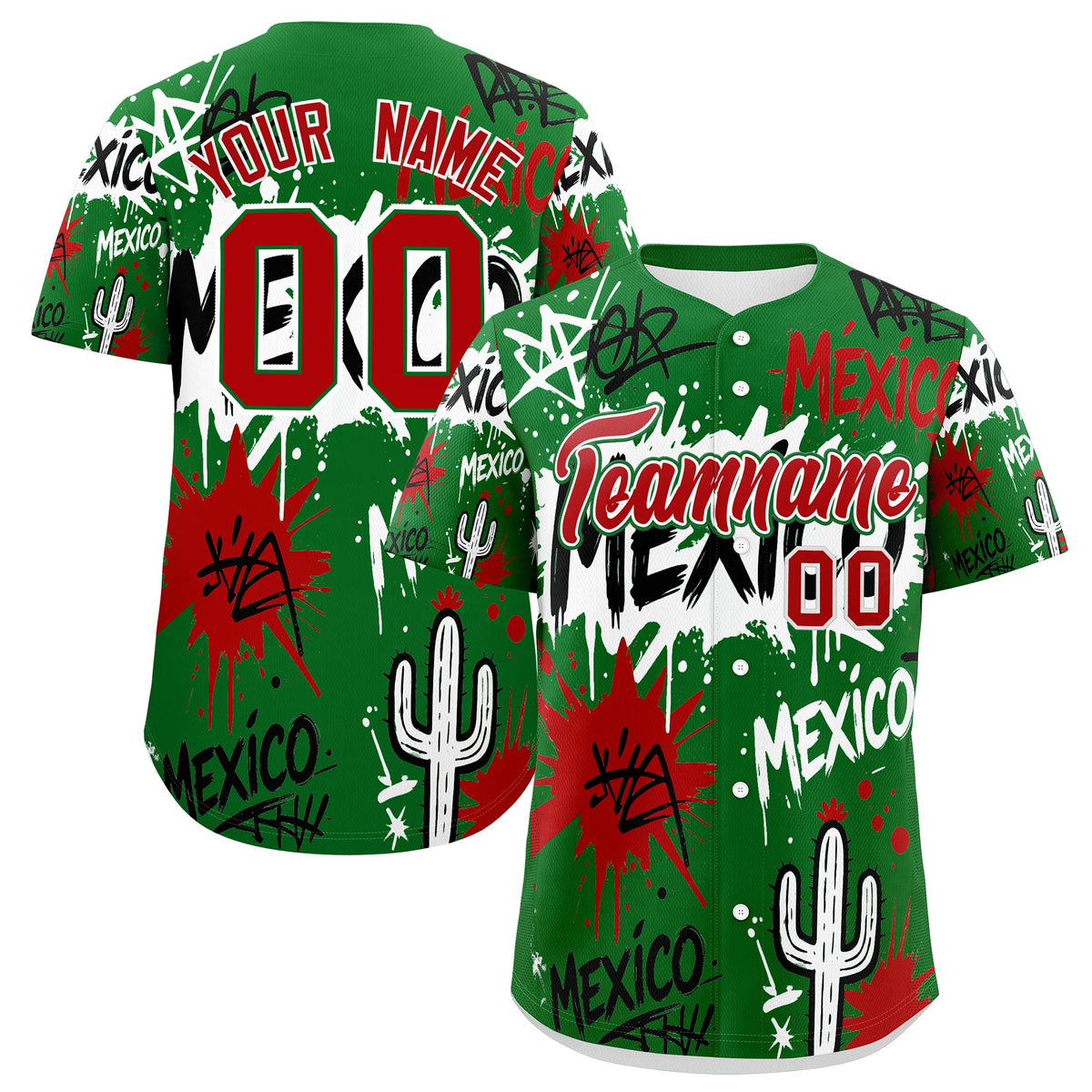 Custom Kelly Green Red White Graffiti Pattern Mexican style Stretch Fabric Baseball Jersey| KXKSHOP