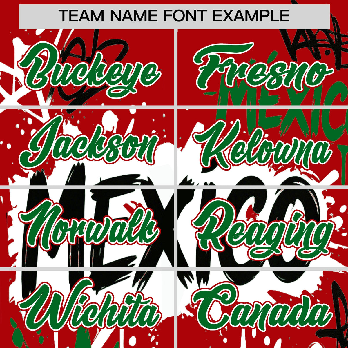 Custom Red Kelly Green White Graffiti Pattern Mexican style Stretch Fabric Baseball Jersey| KXKSHOP