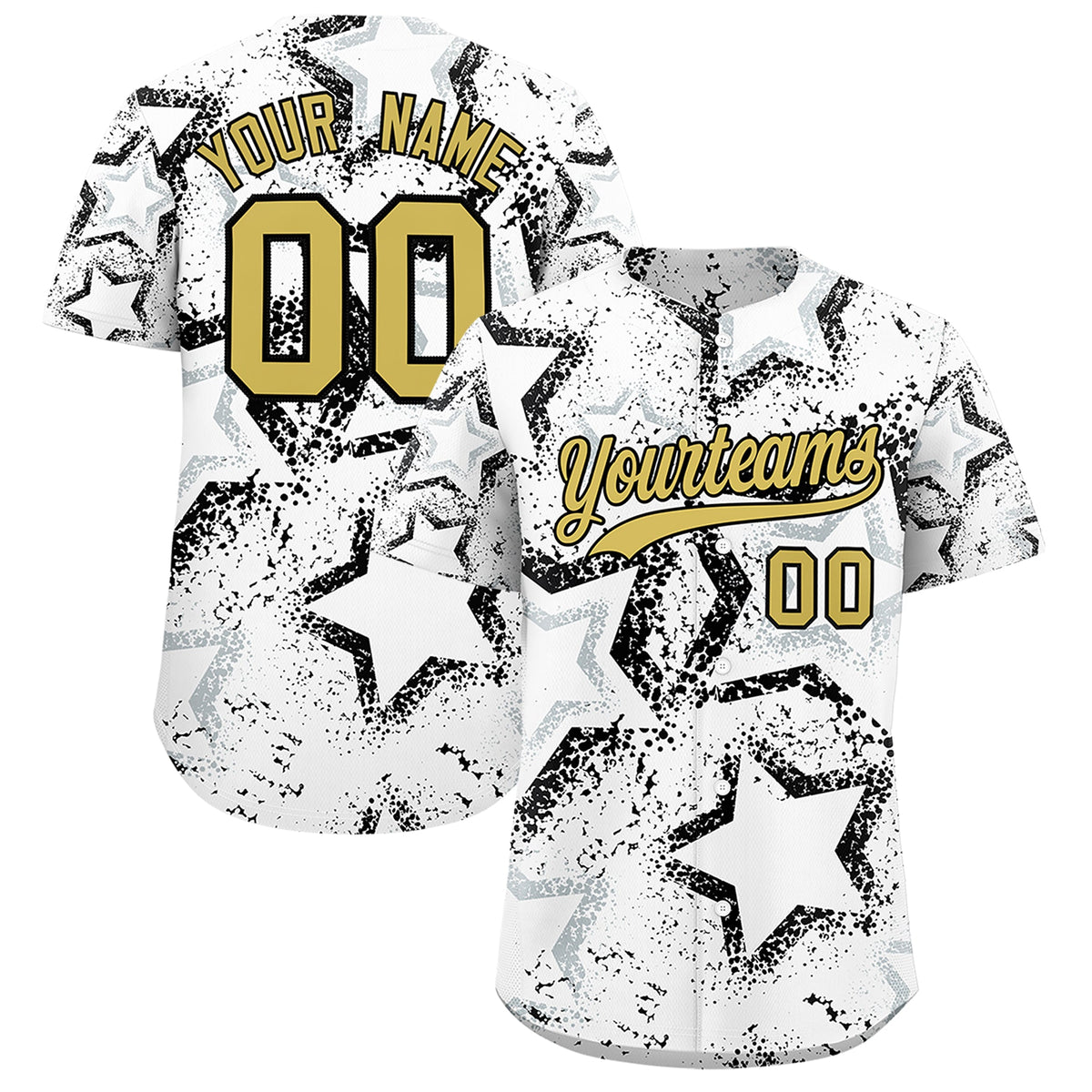 Custom White Silver Old Gold Star-Shaped Ink Texture Graffiti Pattern Baseball Jersey | Sublimation Printed &amp; Stitched,Add Name and Numbern,Perfect for Parties,Perfect for Training | KXKSHOP