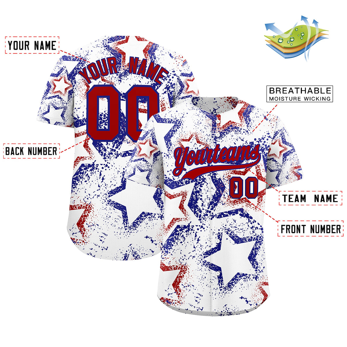 Custom White Royal Blue Red Star-Shaped Ink Texture Graffiti Pattern Baseball Jersey | Sublimation Printed &amp; Stitched,Add Name and Numbern,Perfect for Parties,Perfect for Training | KXKSHOP