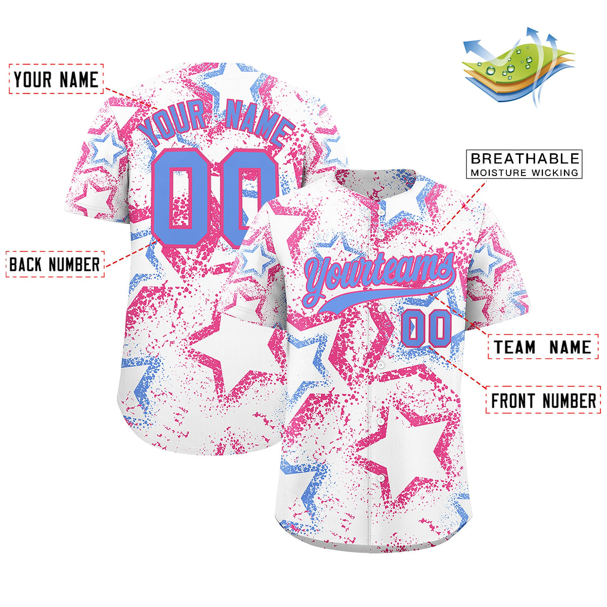 Custom White Pink Light Blue Star-Shaped Ink Texture Graffiti Pattern Baseball Jersey | Sublimation Printed & Stitched,Add Name and Numbern,Perfect for Parties,Perfect for Training | KXKSHOP