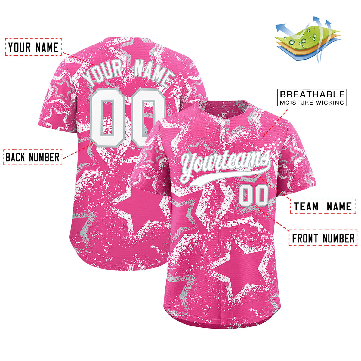 Custom Pink Silver White Star-Shaped Ink Texture Graffiti Pattern Baseball Jersey | Sublimation Printed &amp; Stitched,Add Name and Numbern,Perfect for Parties,Perfect for Training | KXKSHOP