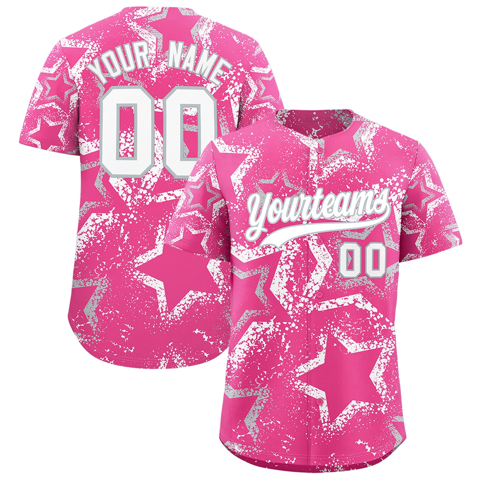 Custom Pink Silver White Star-Shaped Ink Texture Graffiti Pattern Baseball Jersey | Sublimation Printed & Stitched,Add Name and Numbern,Perfect for Parties,Perfect for Training | KXKSHOP