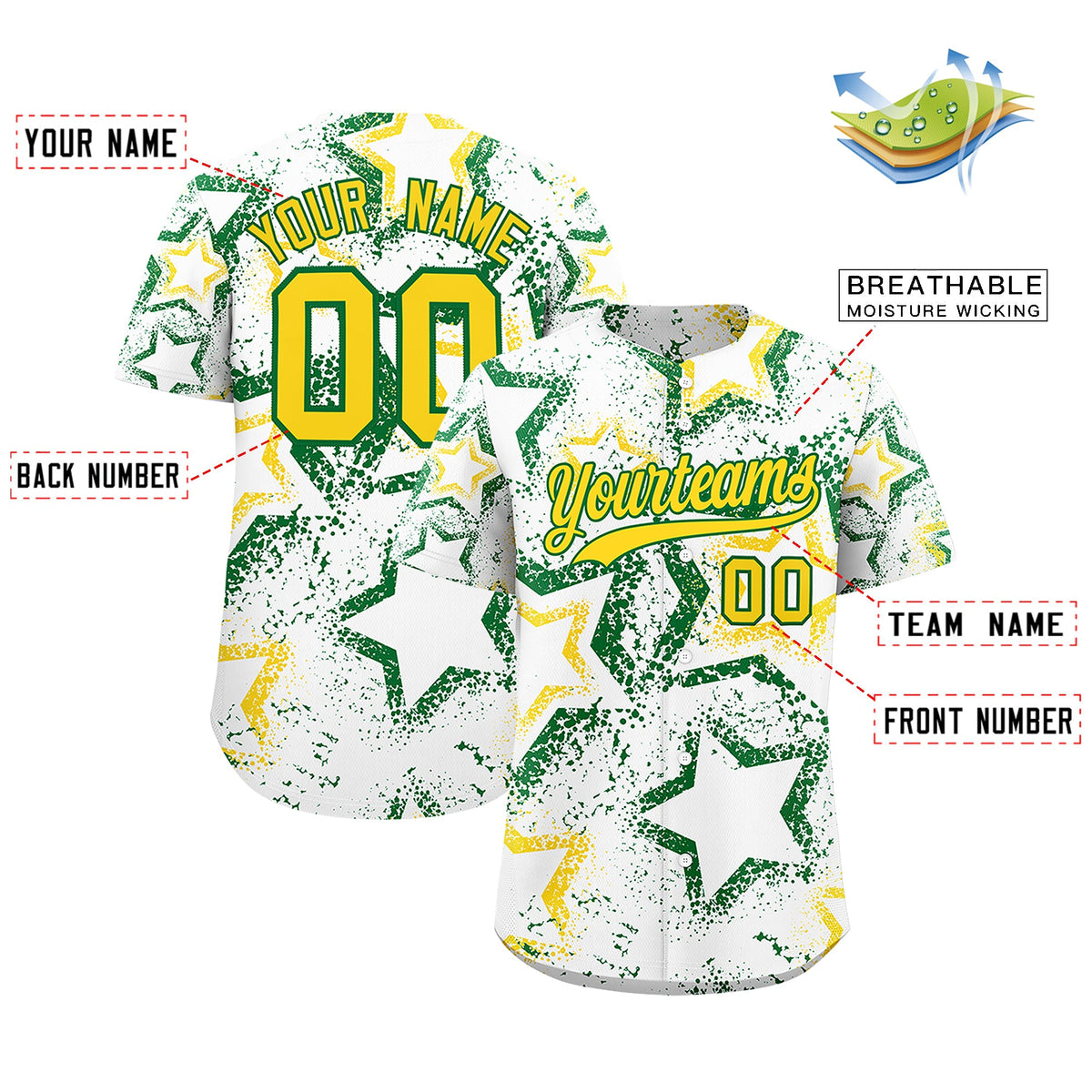Custom White Kelly Green Gold Star-Shaped Ink Texture Graffiti Pattern Baseball Jersey | Sublimation Printed &amp; Stitched,Add Name and Numbern,Perfect for Parties,Perfect for Training | KXKSHOP