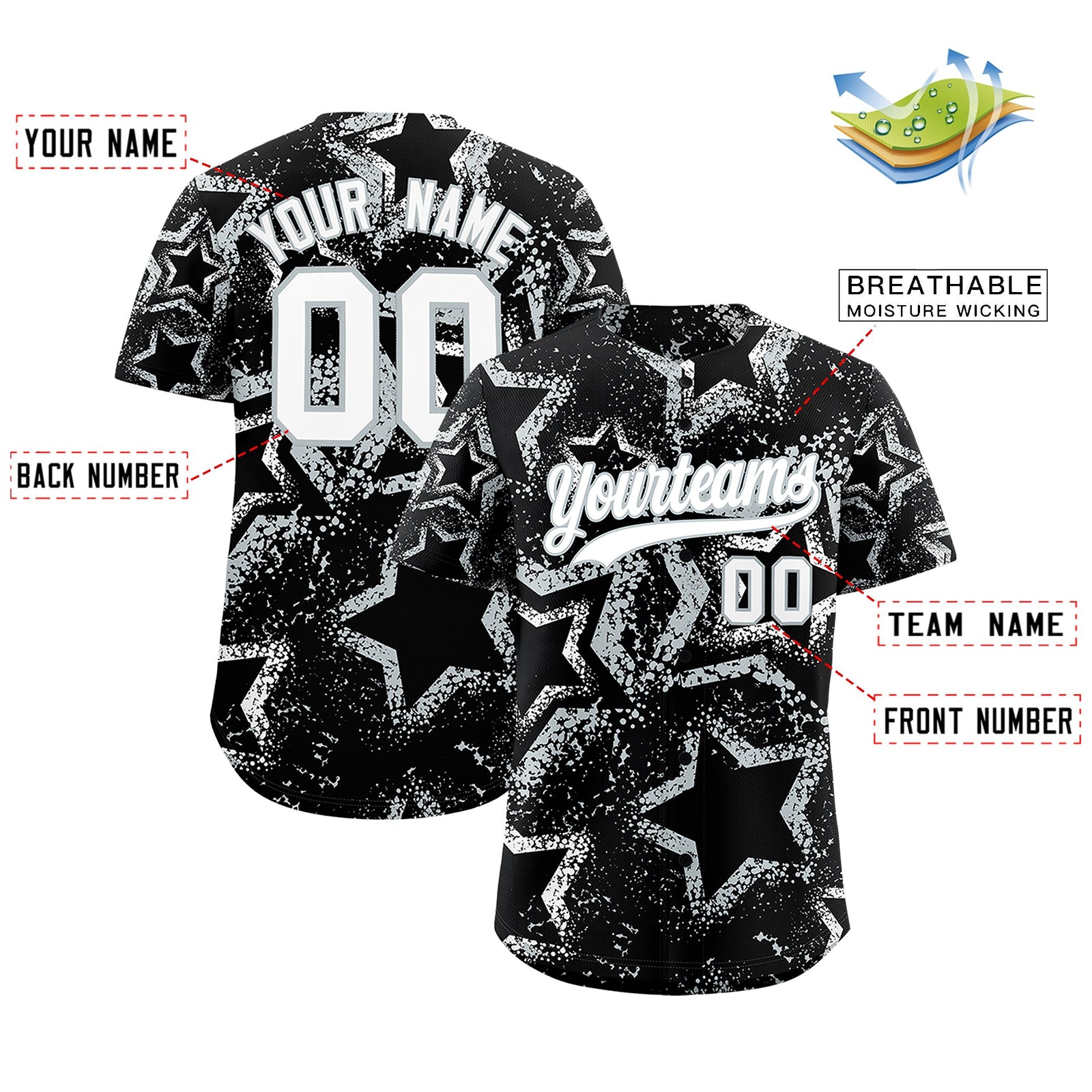 Custom Black White Silver Star-Shaped Ink Texture Graffiti Pattern Baseball Jersey | Sublimation Printed & Stitched,Add Name and Numbern,Perfect for Parties,Perfect for Training | KXKSHOP