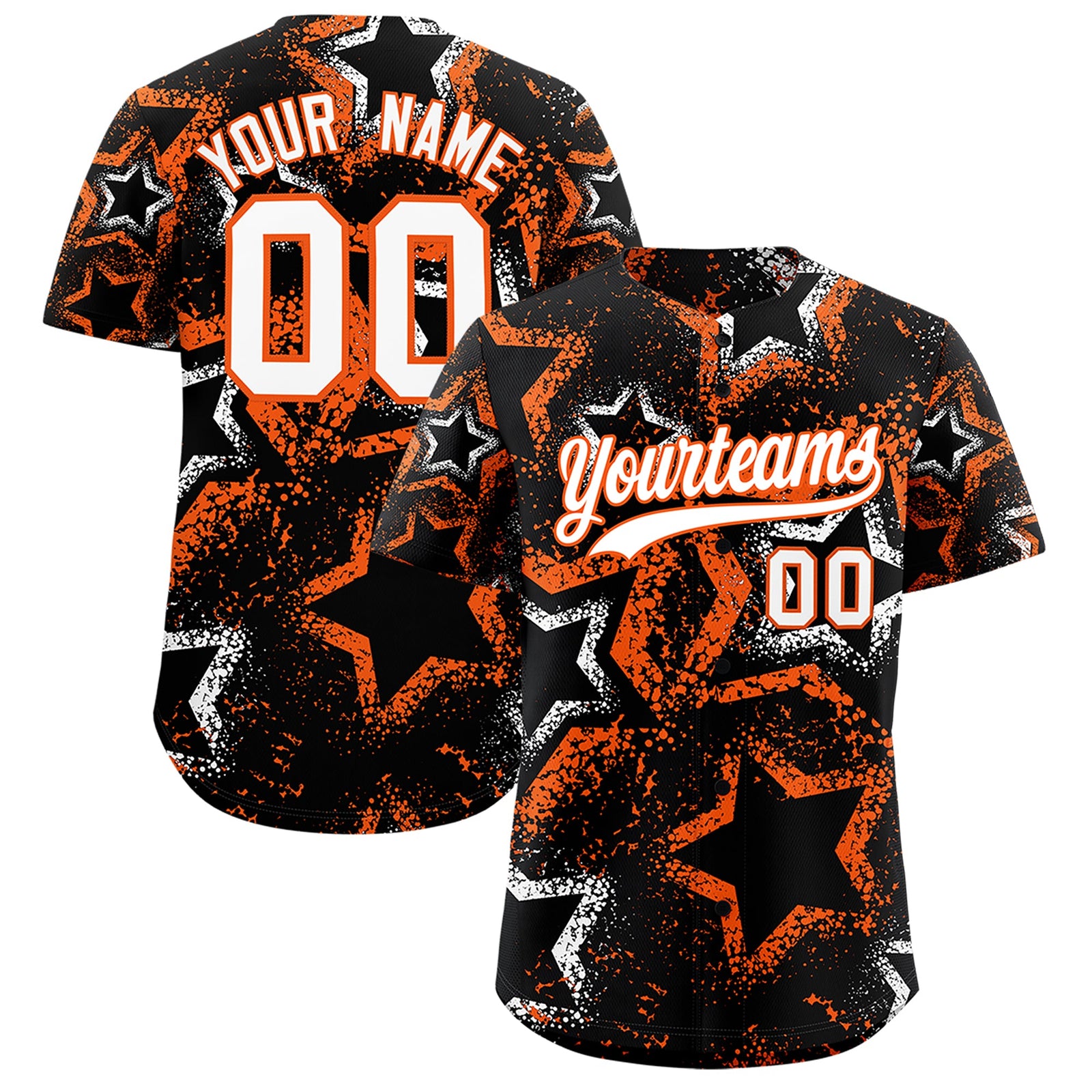 Custom Black White Orange Star-Shaped Ink Texture Graffiti Pattern Baseball Jersey | Sublimation Printed & Stitched,Add Name and Numbern,Perfect for Parties,Perfect for Training | KXKSHOP