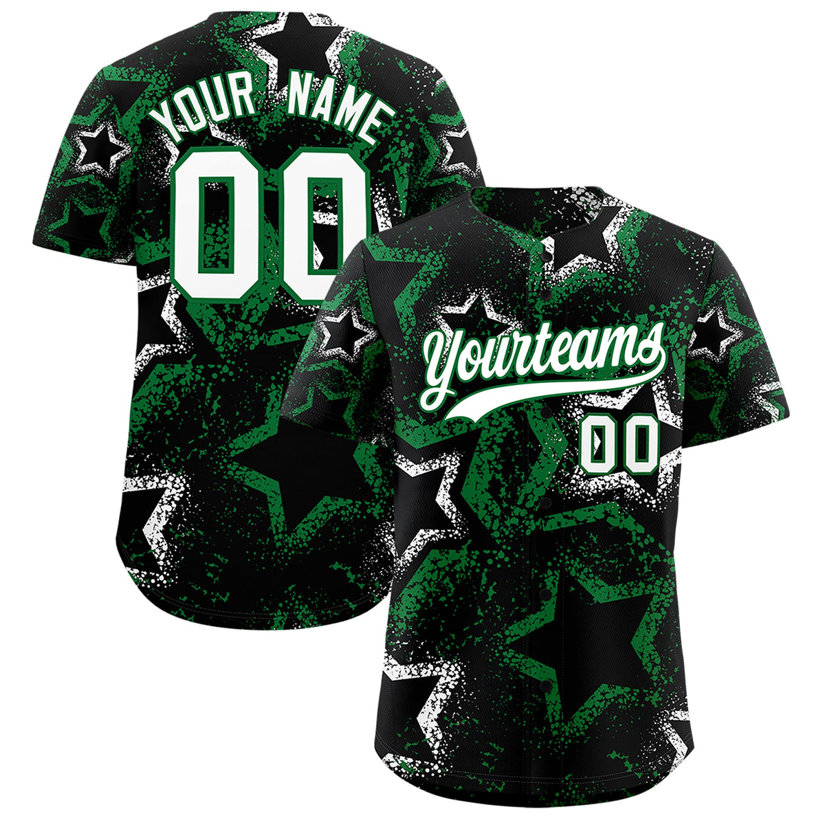 Custom Black White Kelly Green Star-Shaped Ink Texture Graffiti Pattern Baseball Jersey | Sublimation Printed &amp; Stitched,Add Name and Numbern,Perfect for Parties,Perfect for Training | KXKSHOP