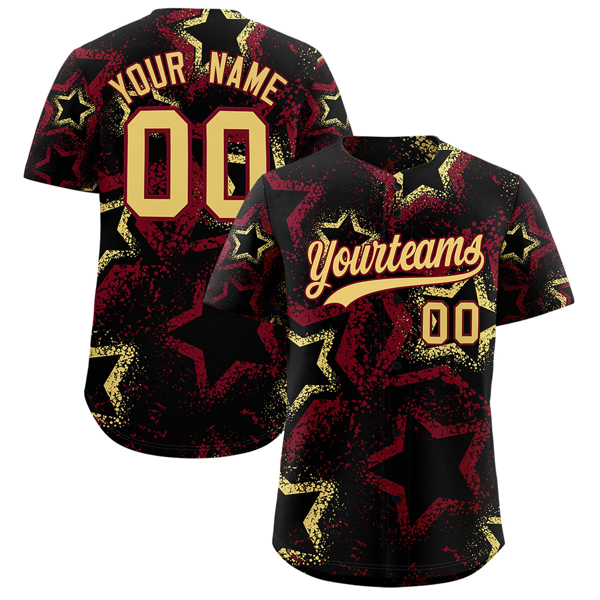 Custom Black Khaki Crimson Star-Shaped Ink Texture Graffiti Pattern Baseball Jersey | Sublimation Printed &amp; Stitched,Add Name and Numbern,Perfect for Parties,Perfect for Training | KXKSHOP