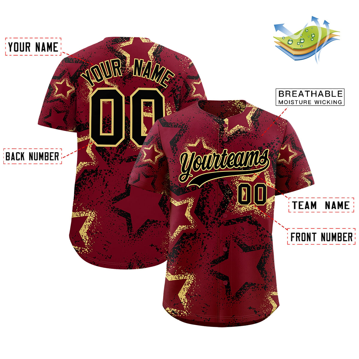 Custom Crimson Khaki Black Star-Shaped Ink Texture Graffiti Pattern Baseball Jersey | Sublimation Printed &amp; Stitched,Add Name and Numbern,Perfect for Parties,Perfect for Training | KXKSHOP