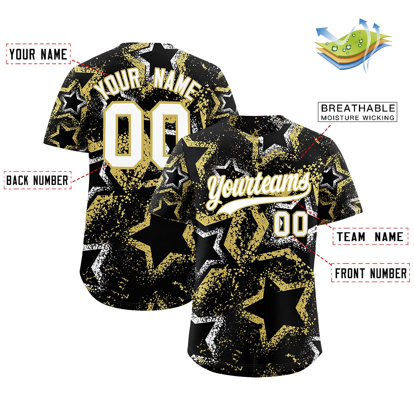 Custom Black White Old Gold Star-Shaped Ink Texture Graffiti Pattern Baseball Jersey | Sublimation Printed & Stitched,Add Name and Numbern,Perfect for Parties,Perfect for Training | KXKSHOP