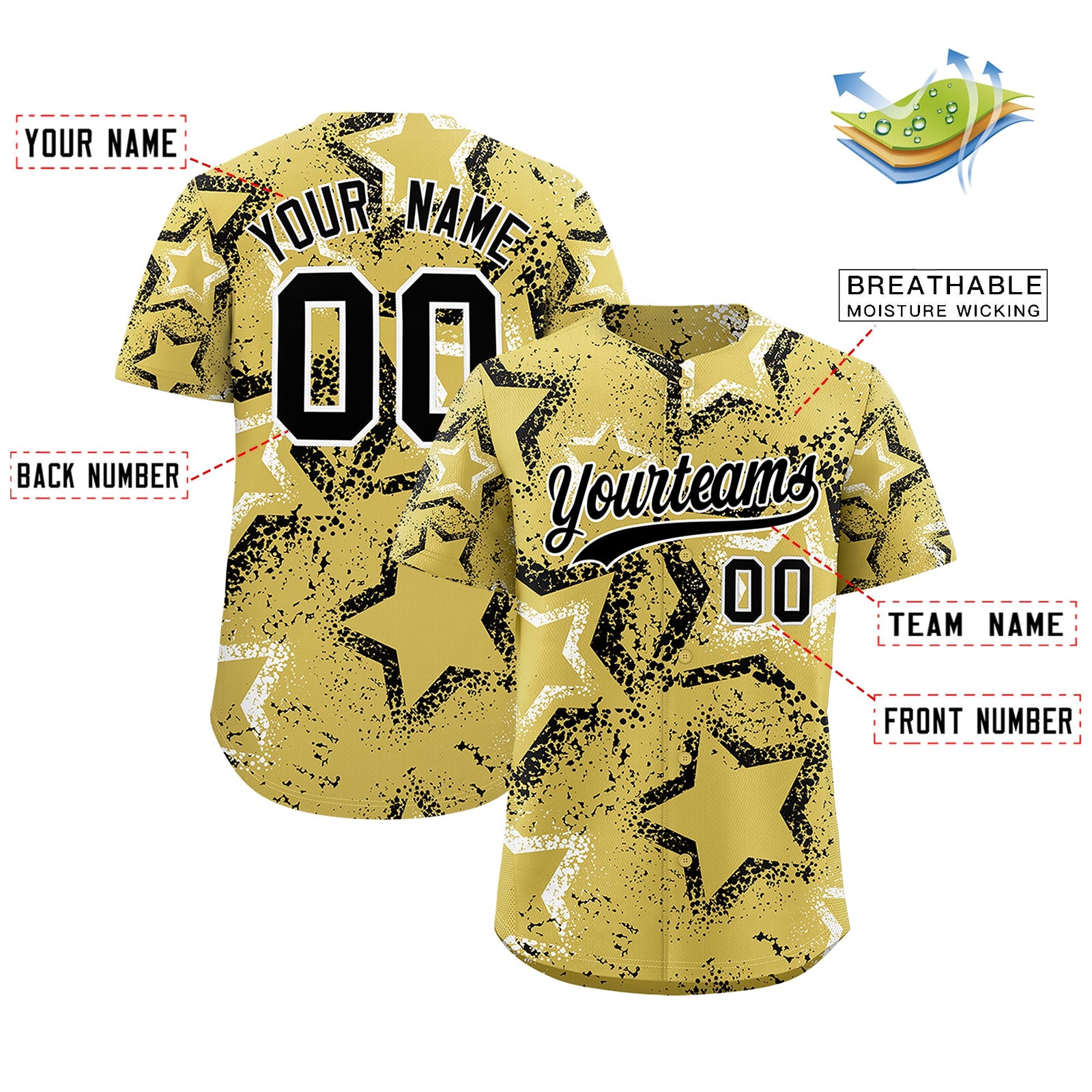 Custom Old Gold White Black Star-Shaped Ink Texture Graffiti Pattern Baseball Jersey | Sublimation Printed & Stitched,Add Name and Numbern,Perfect for Parties,Perfect for Training | KXKSHOP