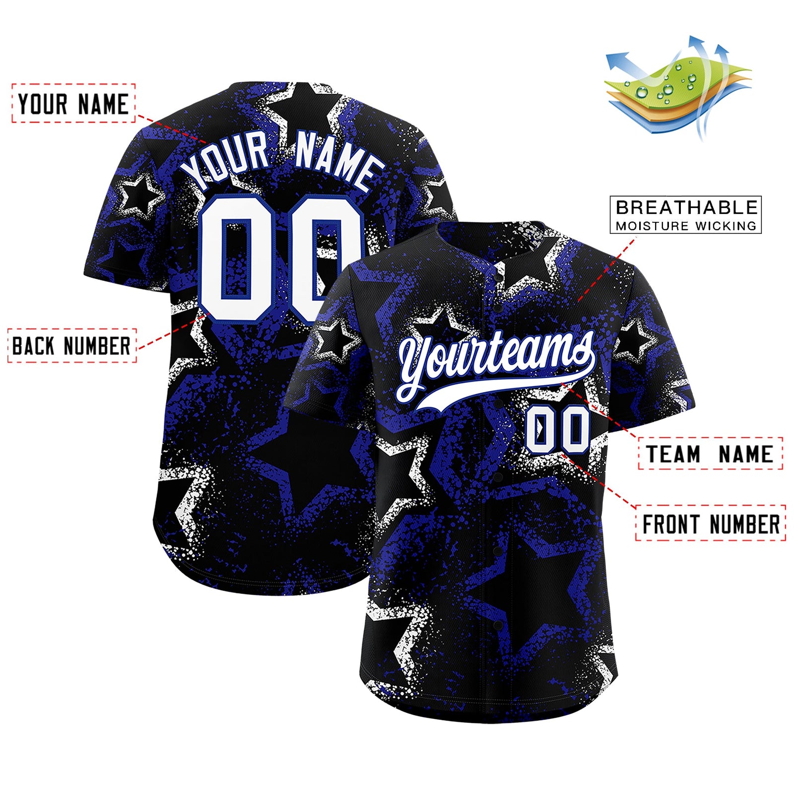 Custom Black White Royal Blue Star-Shaped Ink Texture Graffiti Pattern Baseball Jersey | Sublimation Printed & Stitched,Add Name and Numbern,Perfect for Parties,Perfect for Training | KXKSHOP