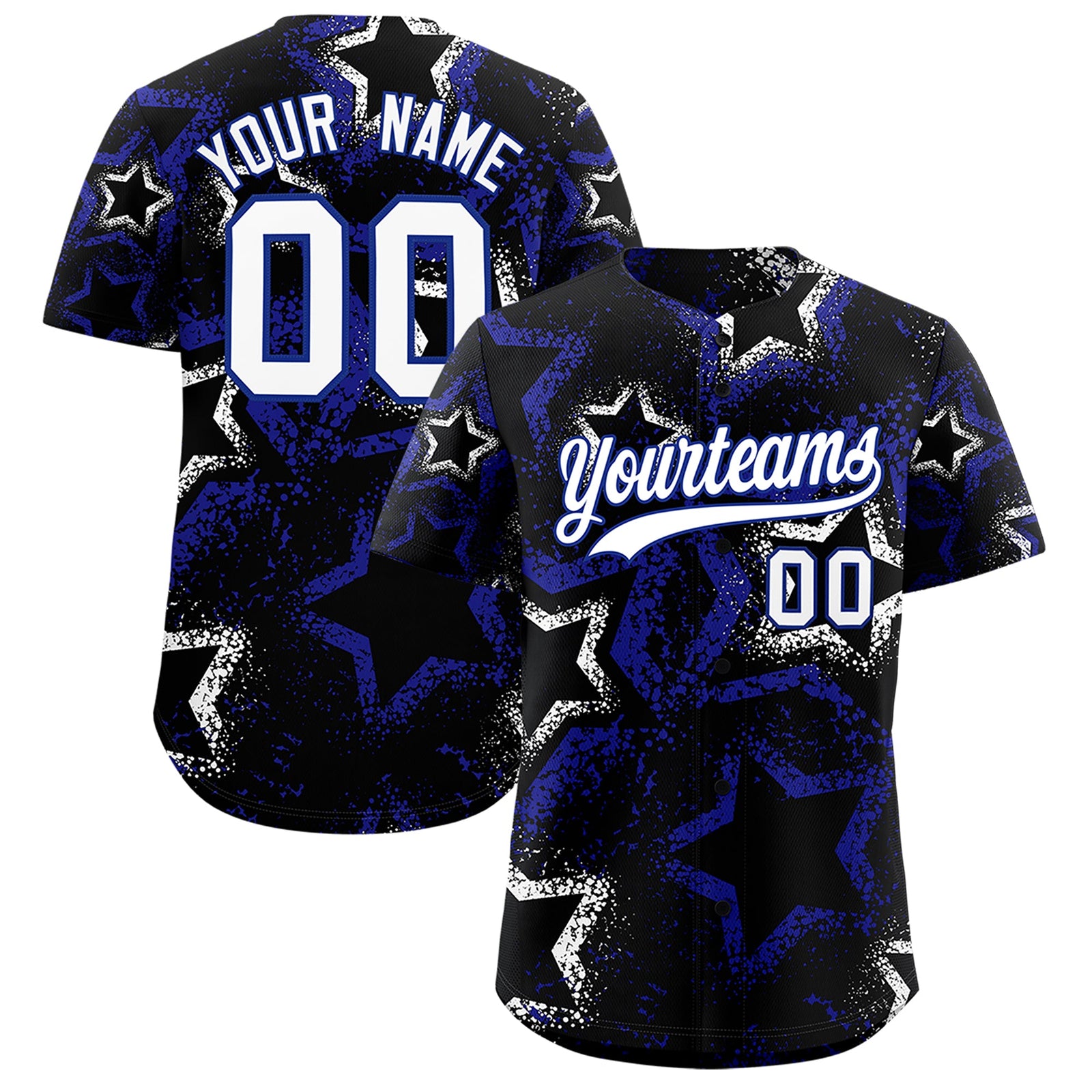 Custom Black White Royal Blue Star-Shaped Ink Texture Graffiti Pattern Baseball Jersey | Sublimation Printed & Stitched,Add Name and Numbern,Perfect for Parties,Perfect for Training | KXKSHOP