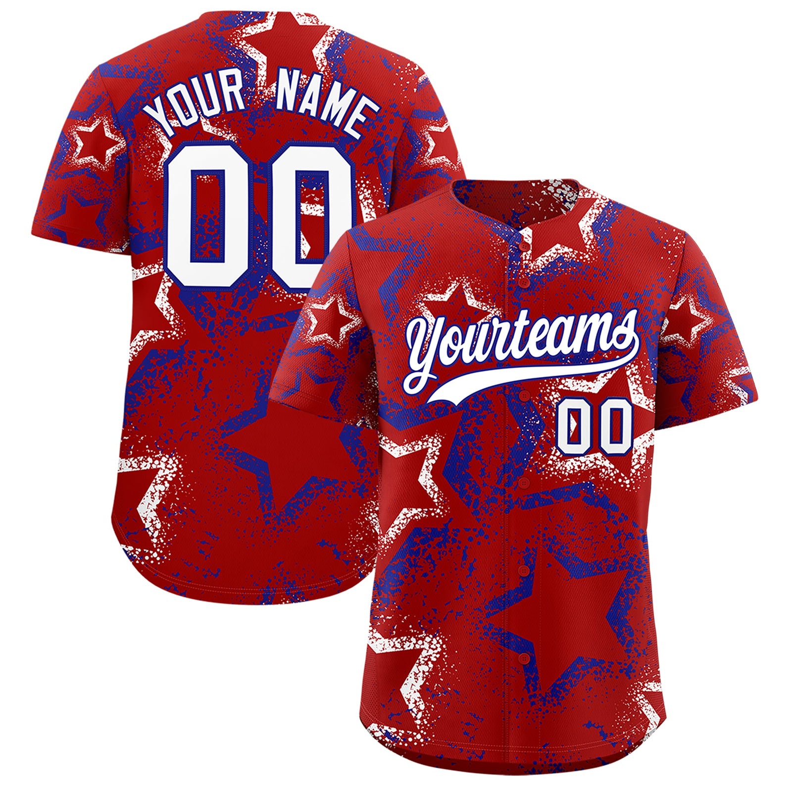 Custom Red White Royal Blue Star-Shaped Ink Texture Graffiti Pattern Baseball Jersey | Sublimation Printed & Stitched,Add Name and Numbern,Perfect for Parties,Perfect for Training | KXKSHOP