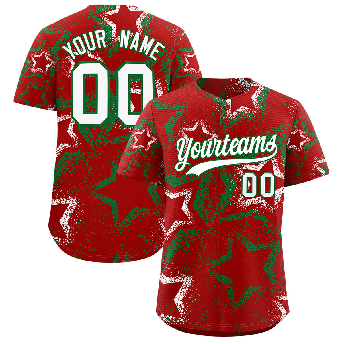 Custom Red White Kelly Green Star-Shaped Ink Texture Graffiti Pattern Baseball Jersey | Sublimation Printed &amp; Stitched,Add Name and Numbern,Perfect for Parties,Perfect for Training | KXKSHOP