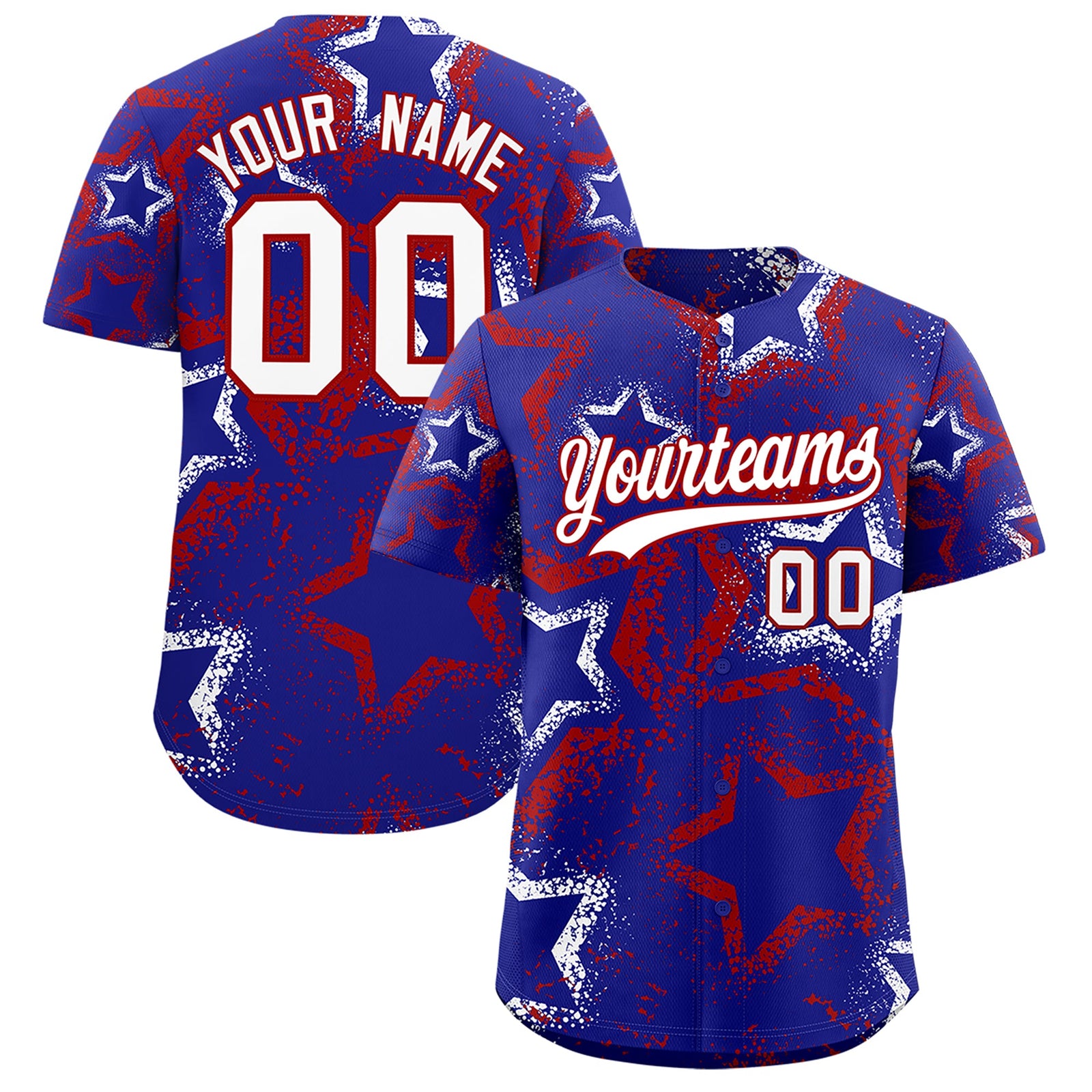Custom Royal Blue White Red Star-Shaped Ink Texture Graffiti Pattern Baseball Jersey | Sublimation Printed & Stitched,Add Name and Numbern,Perfect for Parties,Perfect for Training | KXKSHOP