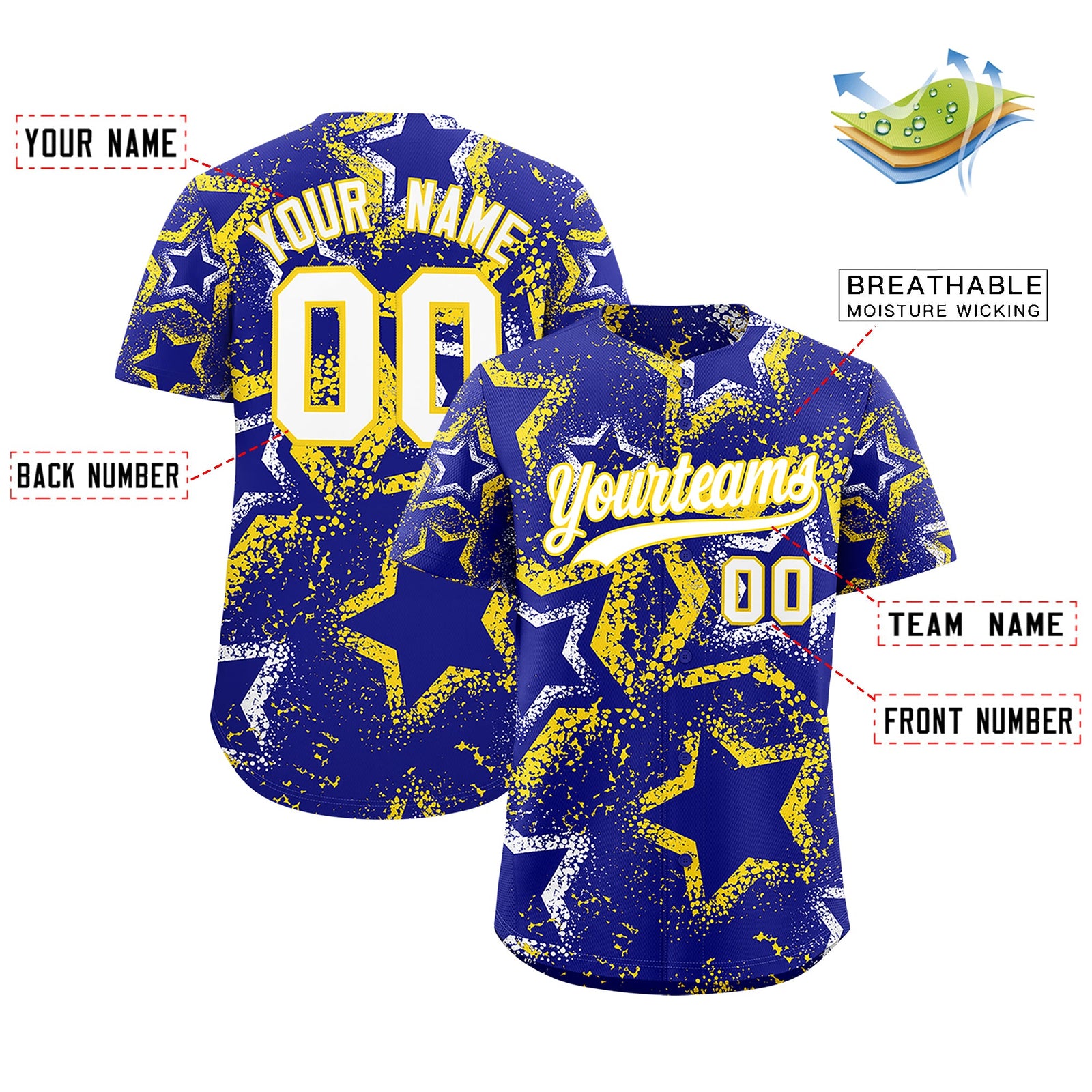 Custom Royal Blue White Gold Star-Shaped Ink Texture Graffiti Pattern Baseball Jersey | Sublimation Printed & Stitched,Add Name and Numbern,Perfect for Parties,Perfect for Training | KXKSHOP
