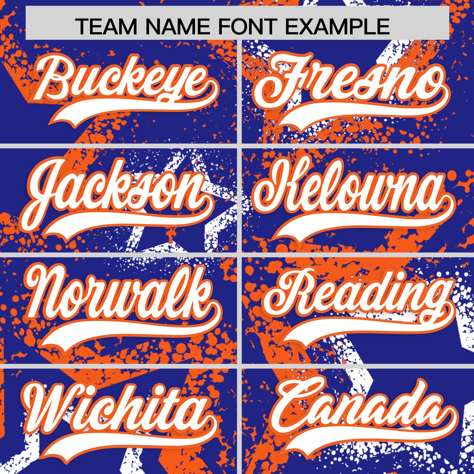 Custom Royal Blue White Orange Star-Shaped Ink Texture Graffiti Pattern Baseball Jersey | Sublimation Printed & Stitched,Add Name and Numbern,Perfect for Parties,Perfect for Training | KXKSHOP