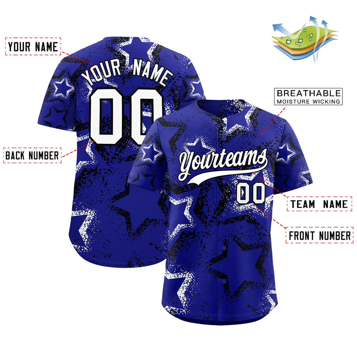 Custom Royal Blue Black White Star-Shaped Ink Texture Graffiti Pattern Baseball Jersey | Sublimation Printed &amp; Stitched,Add Name and Numbern,Perfect for Parties,Perfect for Training | KXKSHOP