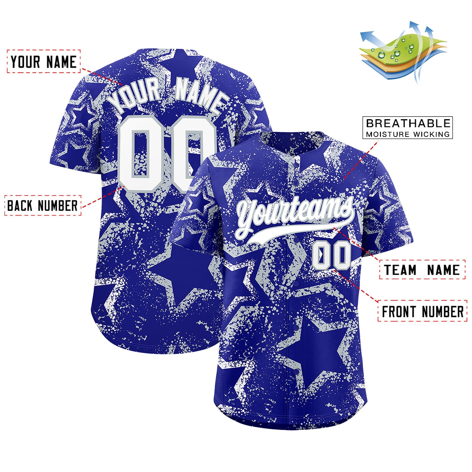 Custom Royal Blue White Silver Star-Shaped Ink Texture Graffiti Pattern Baseball Jersey | Sublimation Printed & Stitched,Add Name and Numbern,Perfect for Parties,Perfect for Training | KXKSHOP