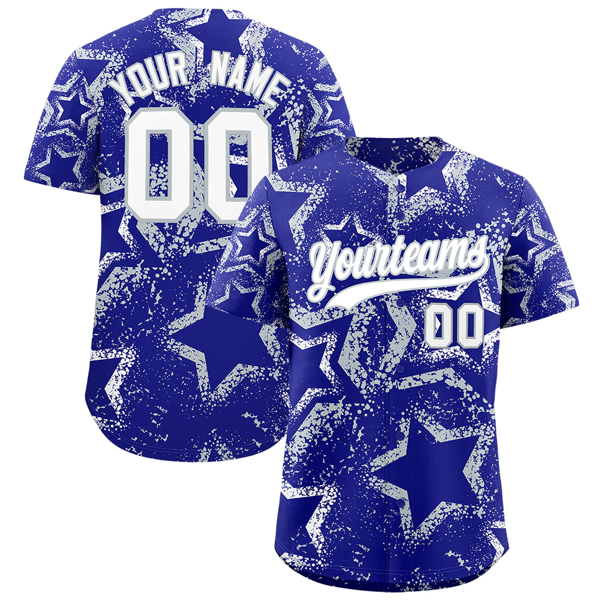 Custom Royal Blue White Silver Star-Shaped Ink Texture Graffiti Pattern Baseball Jersey | Sublimation Printed &amp; Stitched,Add Name and Numbern,Perfect for Parties,Perfect for Training | KXKSHOP