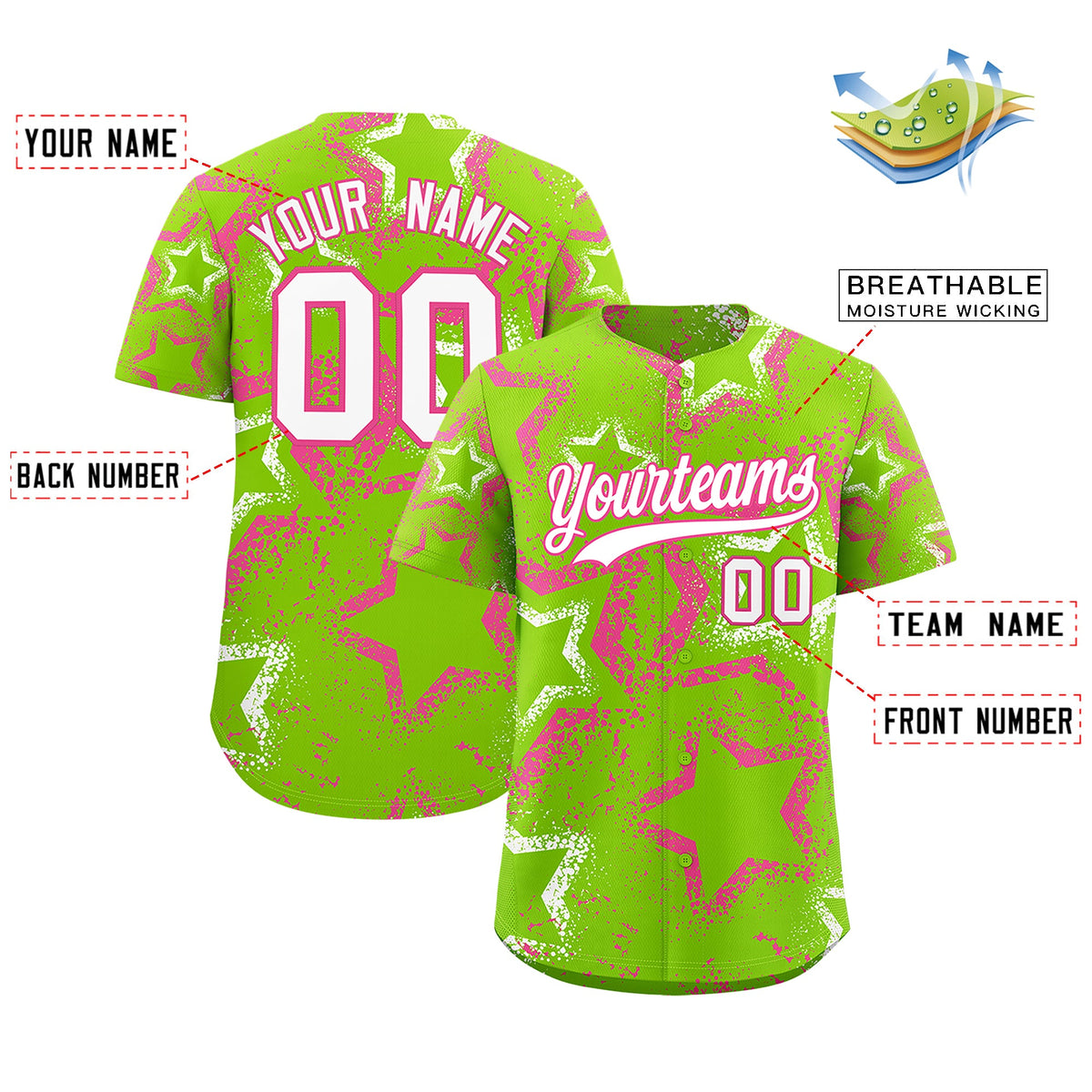 Custom Neon Green Pink White Star-Shaped Ink Texture Graffiti Pattern Baseball Jersey | Sublimation Printed & Stitched,Add Name and Numbern,Perfect for Parties,Perfect for Training | KXKSHOP