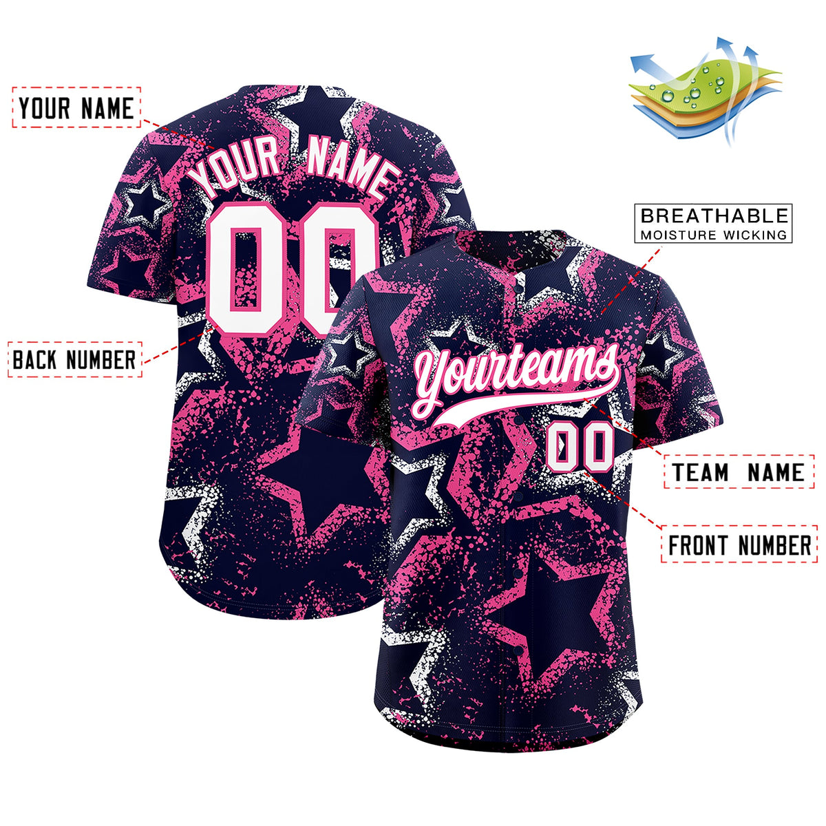 Custom Navy White Pink Star-Shaped Ink Texture Graffiti Pattern Baseball Jersey | Sublimation Printed & Stitched,Add Name and Numbern,Perfect for Parties,Perfect for Training | KXKSHOP