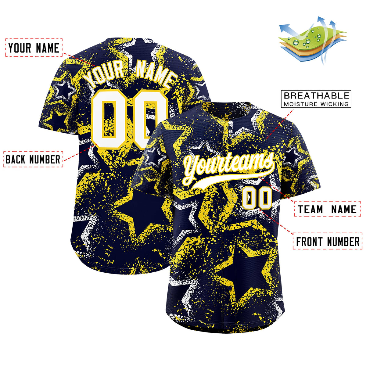 Custom Navy White Gold Star-Shaped Ink Texture Graffiti Pattern Baseball Jersey | Sublimation Printed & Stitched,Add Name and Numbern,Perfect for Parties,Perfect for Training | KXKSHOP