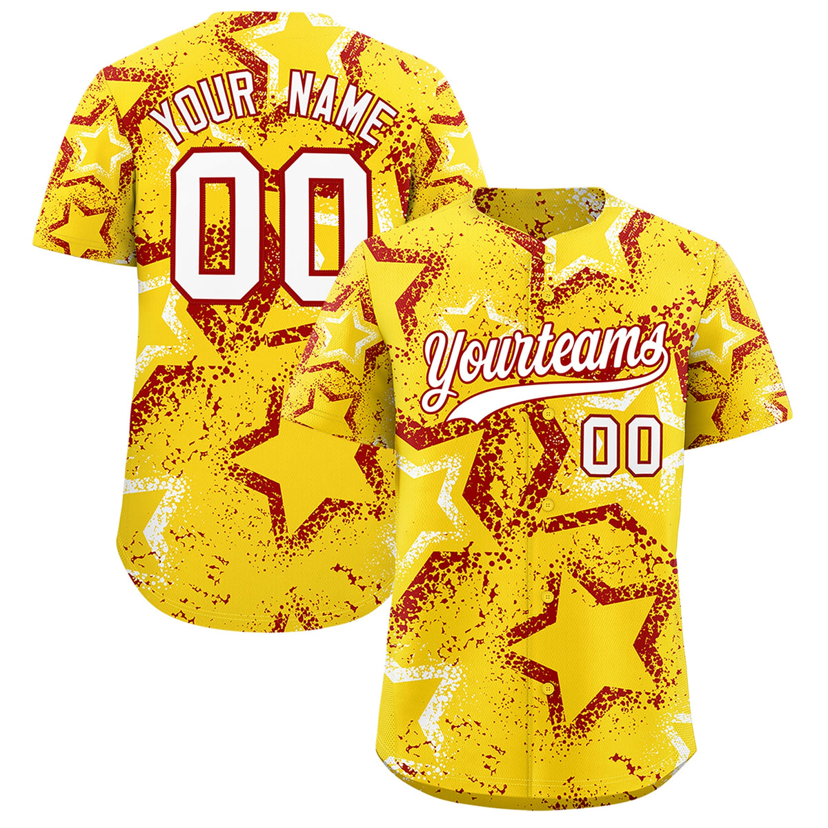 Custom Gold White Red Star-Shaped Ink Texture Graffiti Pattern Baseball Jersey | Sublimation Printed & Stitched,Add Name and Numbern,Perfect for Parties,Perfect for Training | KXKSHOP