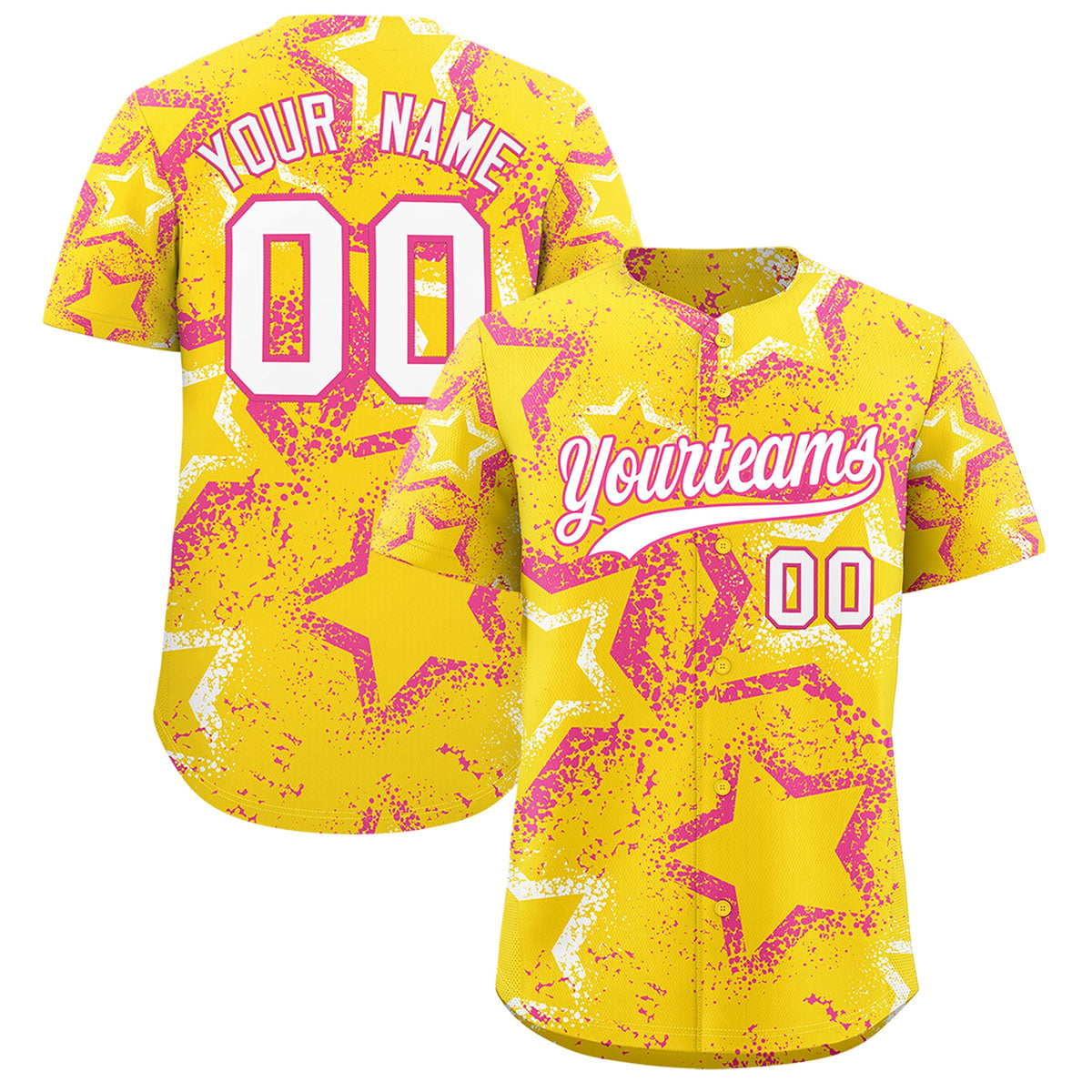 Custom Gold White Pink Star-Shaped Ink Texture Graffiti Pattern Baseball Jersey | Sublimation Printed & Stitched,Add Name and Numbern,Perfect for Parties,Perfect for Training | KXKSHOP