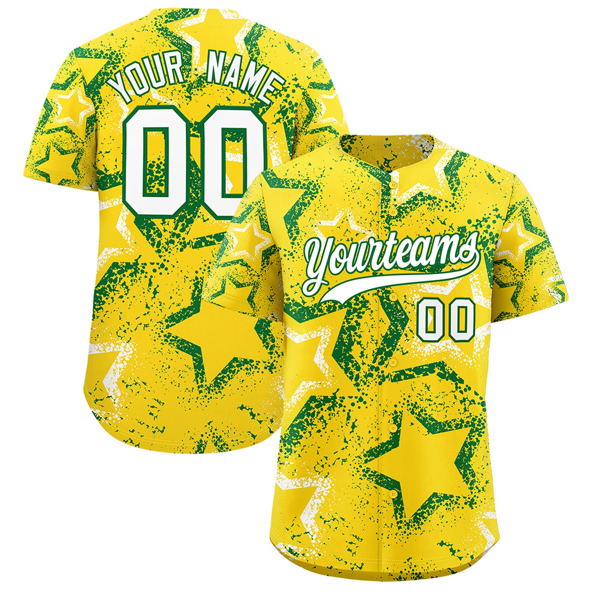 Custom Gold White Kelly Green Star-Shaped Ink Texture Graffiti Pattern Baseball Jersey | Sublimation Printed &amp; Stitched,Add Name and Numbern,Perfect for Parties,Perfect for Training | KXKSHOP