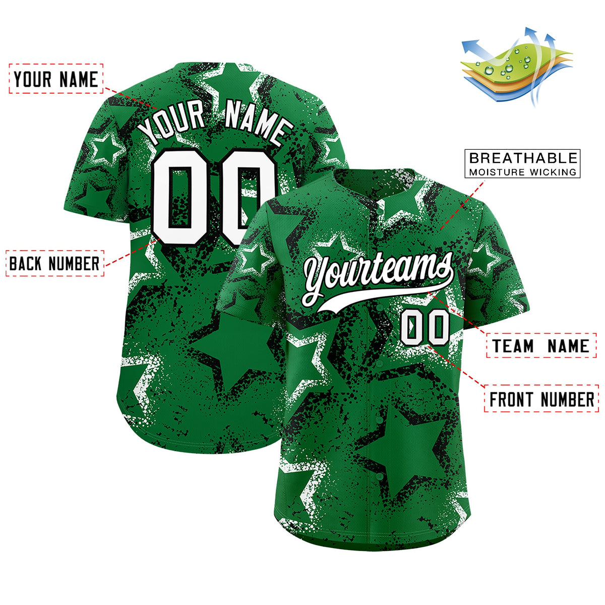 Custom Kelly Green White Star-Shaped Ink Texture Graffiti Pattern Baseball Jersey | Sublimation Printed &amp; Stitched,Add Name and Numbern,Perfect for Parties,Perfect for Training | KXKSHOP