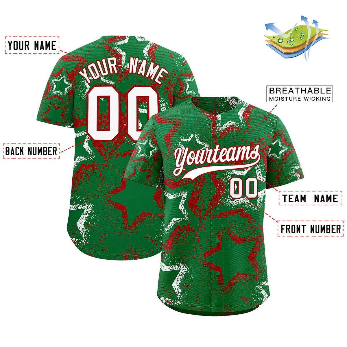 Custom Kelly Green White Red Star-Shaped Ink Texture Graffiti Pattern Baseball Jersey | Sublimation Printed &amp; Stitched,Add Name and Numbern,Perfect for Parties,Perfect for Training | KXKSHOP