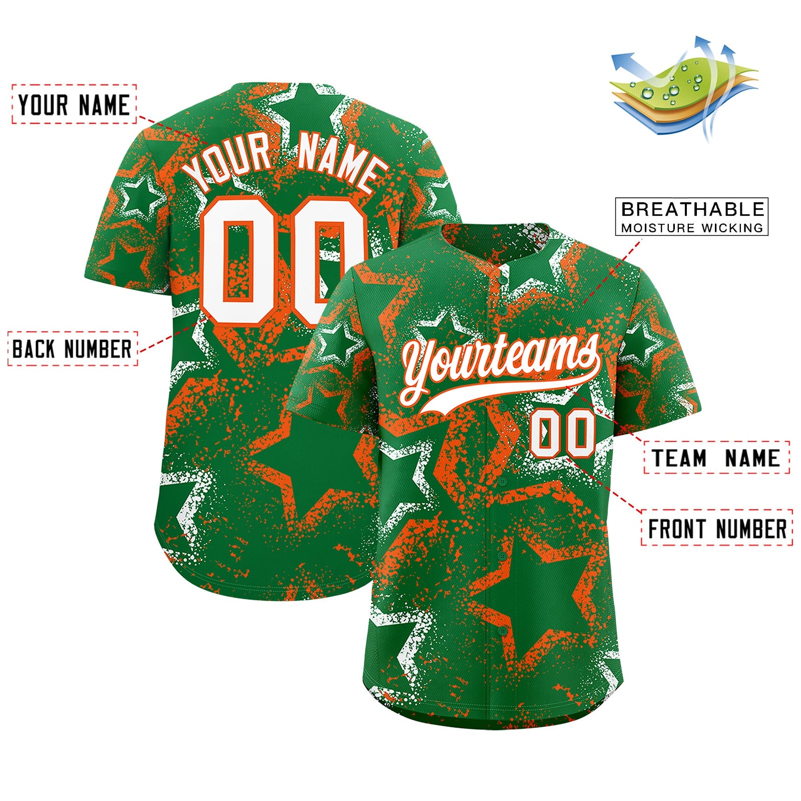 Custom Kelly Green White Orange Star-Shaped Ink Texture Graffiti Pattern Baseball Jersey | Sublimation Printed & Stitched,Add Name and Numbern,Perfect for Parties,Perfect for Training | KXKSHOP