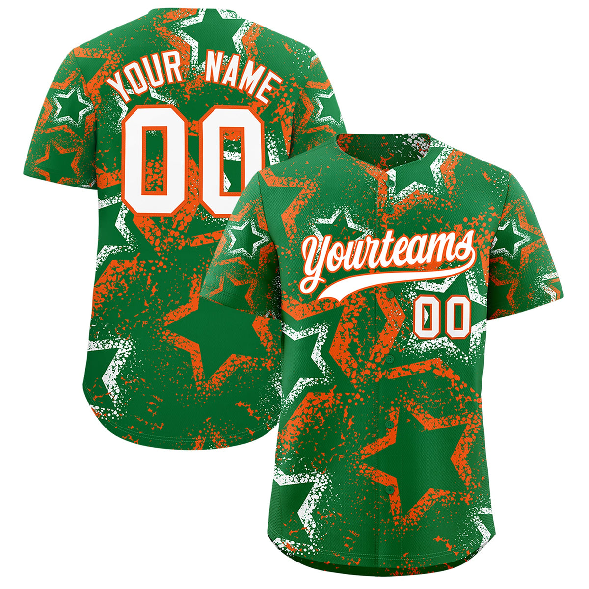 Custom Kelly Green White Orange Star-Shaped Ink Texture Graffiti Pattern Baseball Jersey | Sublimation Printed &amp; Stitched,Add Name and Numbern,Perfect for Parties,Perfect for Training | KXKSHOP
