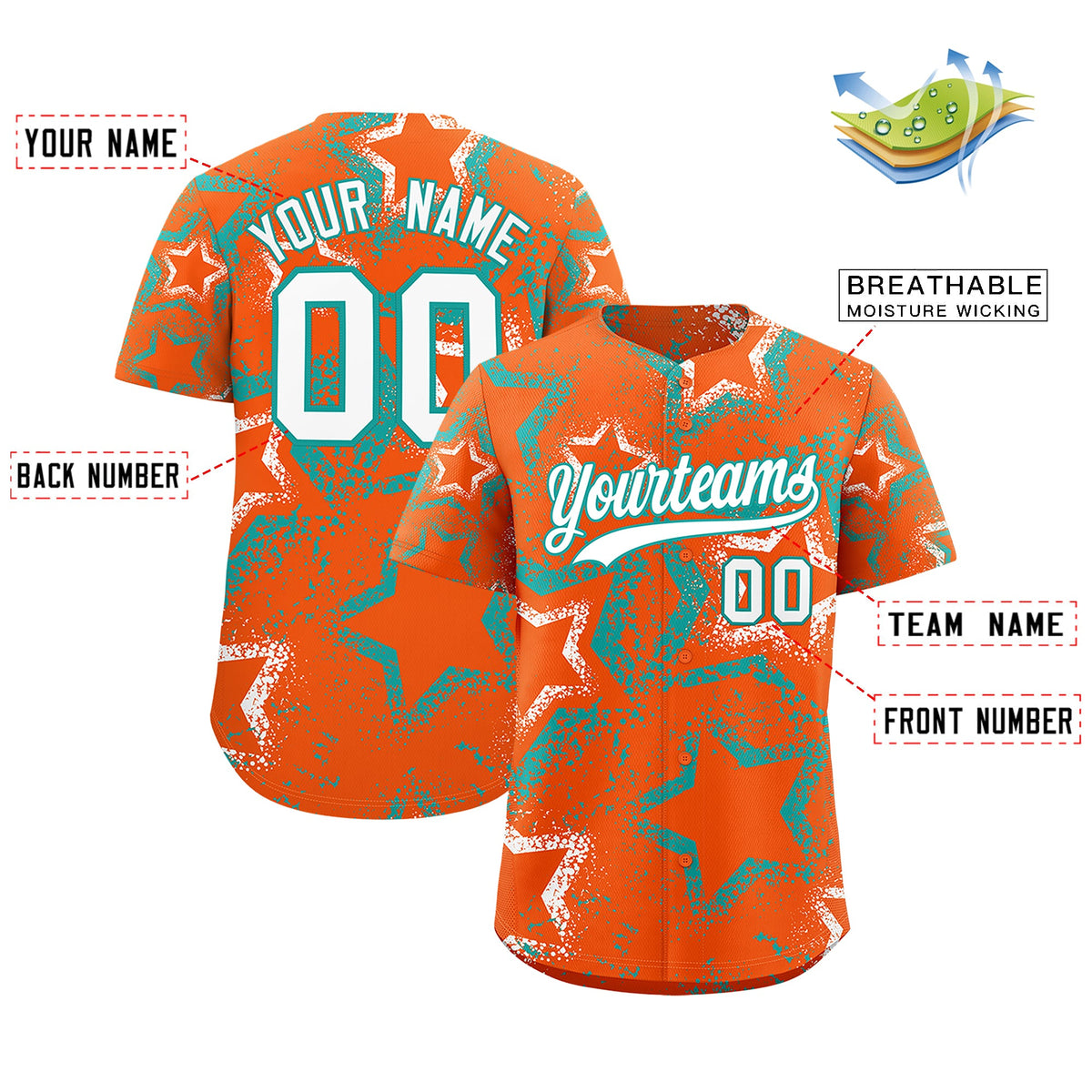 Custom Orange White Aqua Star-Shaped Ink Texture Graffiti Pattern Baseball Jersey | Sublimation Printed & Stitched,Add Name and Numbern,Perfect for Parties,Perfect for Training | KXKSHOP