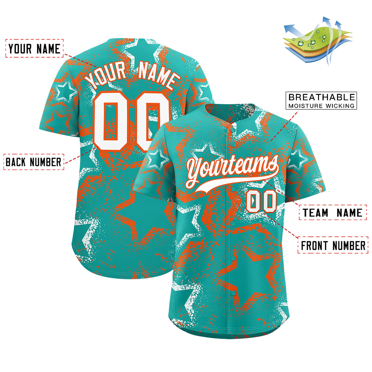 Custom Aqua White Orange Star-Shaped Ink Texture Graffiti Pattern Baseball Jersey | Sublimation Printed & Stitched,Add Name and Numbern,Perfect for Parties,Perfect for Training | KXKSHOP