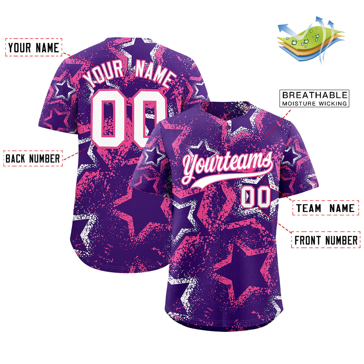 Custom Purple White Pink Star-Shaped Ink Texture Graffiti Pattern Baseball Jersey | Sublimation Printed & Stitched,Add Name and Numbern,Perfect for Parties,Perfect for Training | KXKSHOP
