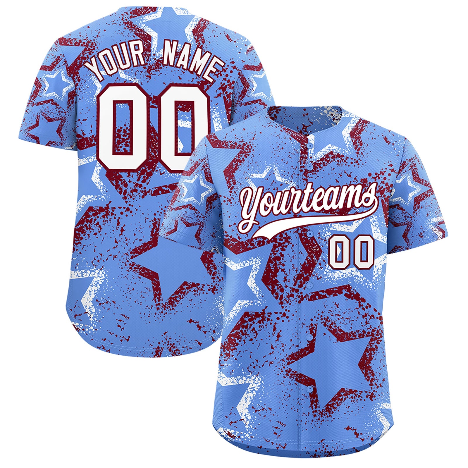 Custom Light Blue White Crimson Star-Shaped Ink Texture Graffiti Pattern Baseball Jersey | Sublimation Printed & Stitched,Add Name and Numbern,Perfect for Parties,Perfect for Training | KXKSHOP