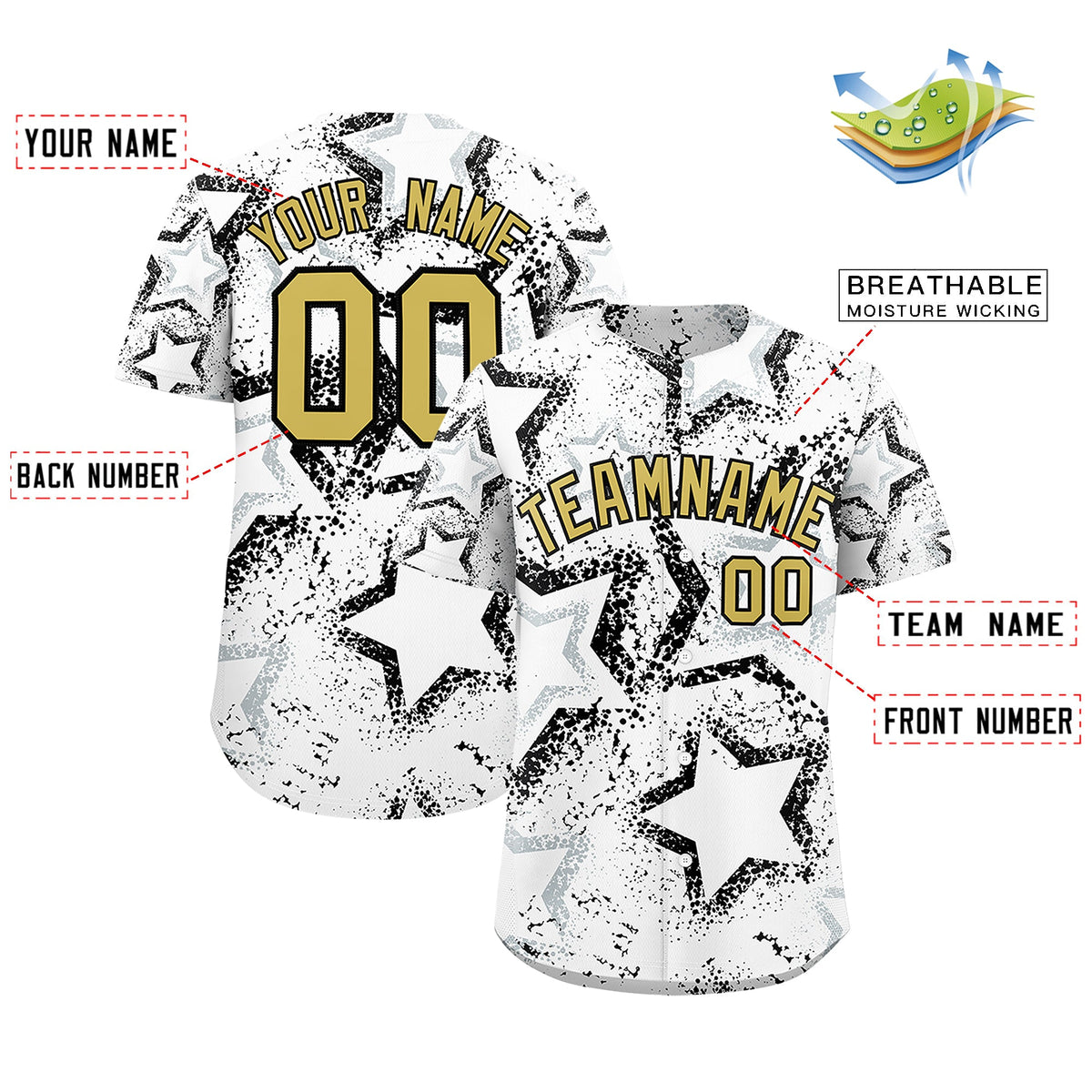 Custom White Silver Old Gold Star-Shaped Ink Texture Graffiti Pattern Baseball Jersey | Sublimation Printed &amp; Stitched,Add Name and Numbern,Perfect for Parties,Perfect for Training | KXKSHOP