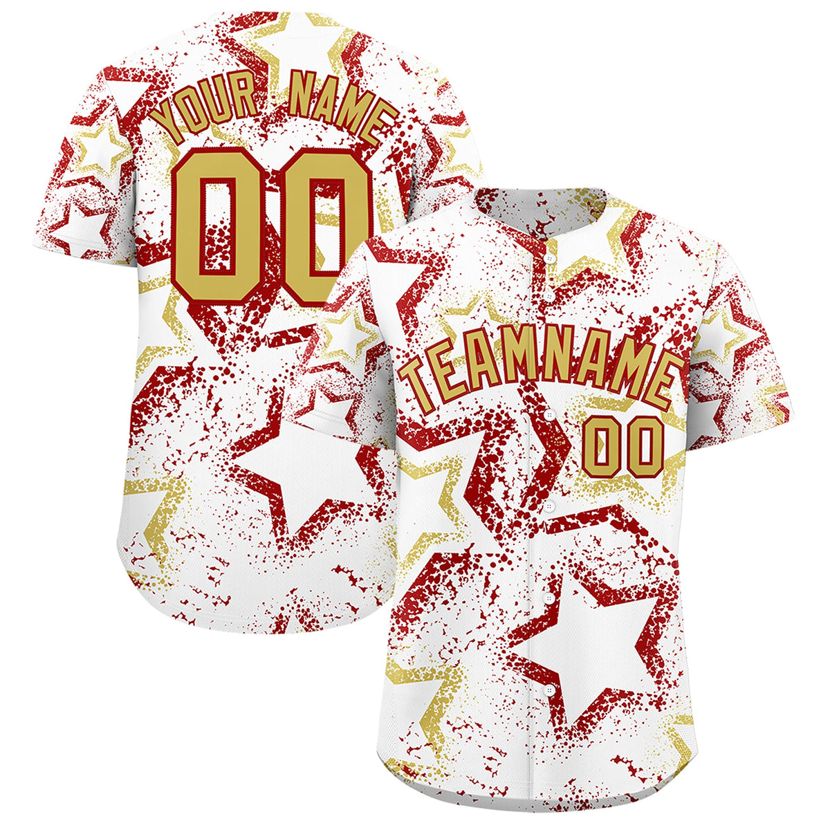 Custom White Old Gold Red Star-Shaped Ink Texture Graffiti Pattern Baseball Jersey | Sublimation Printed &amp; Stitched,Add Name and Numbern,Perfect for Parties,Perfect for Training | KXKSHOP
