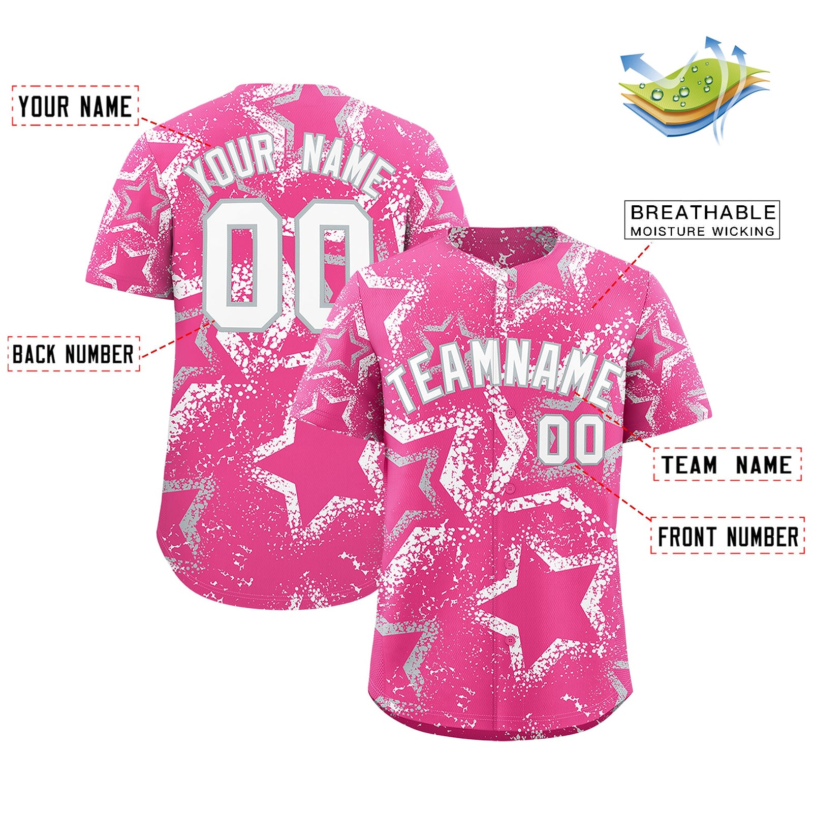 Custom Pink Silver White Star-Shaped Ink Texture Graffiti Pattern Baseball Jersey | Sublimation Printed & Stitched,Add Name and Numbern,Perfect for Parties,Perfect for Training | KXKSHOP