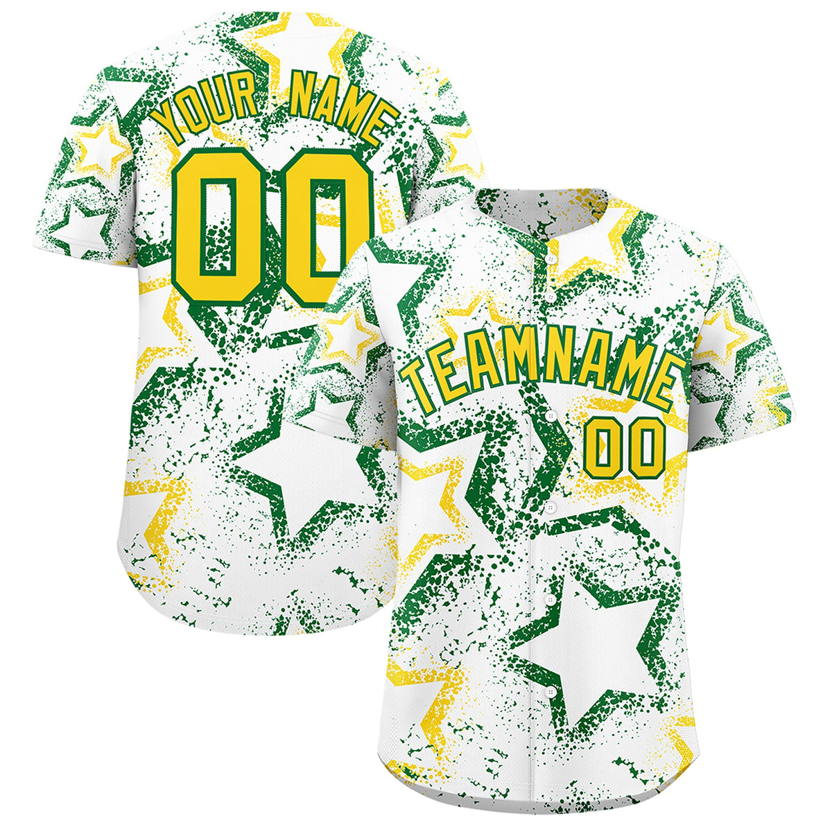 Custom White Kelly Green Gold Star-Shaped Ink Texture Graffiti Pattern Baseball Jersey | Sublimation Printed &amp; Stitched,Add Name and Numbern,Perfect for Parties,Perfect for Training | KXKSHOP