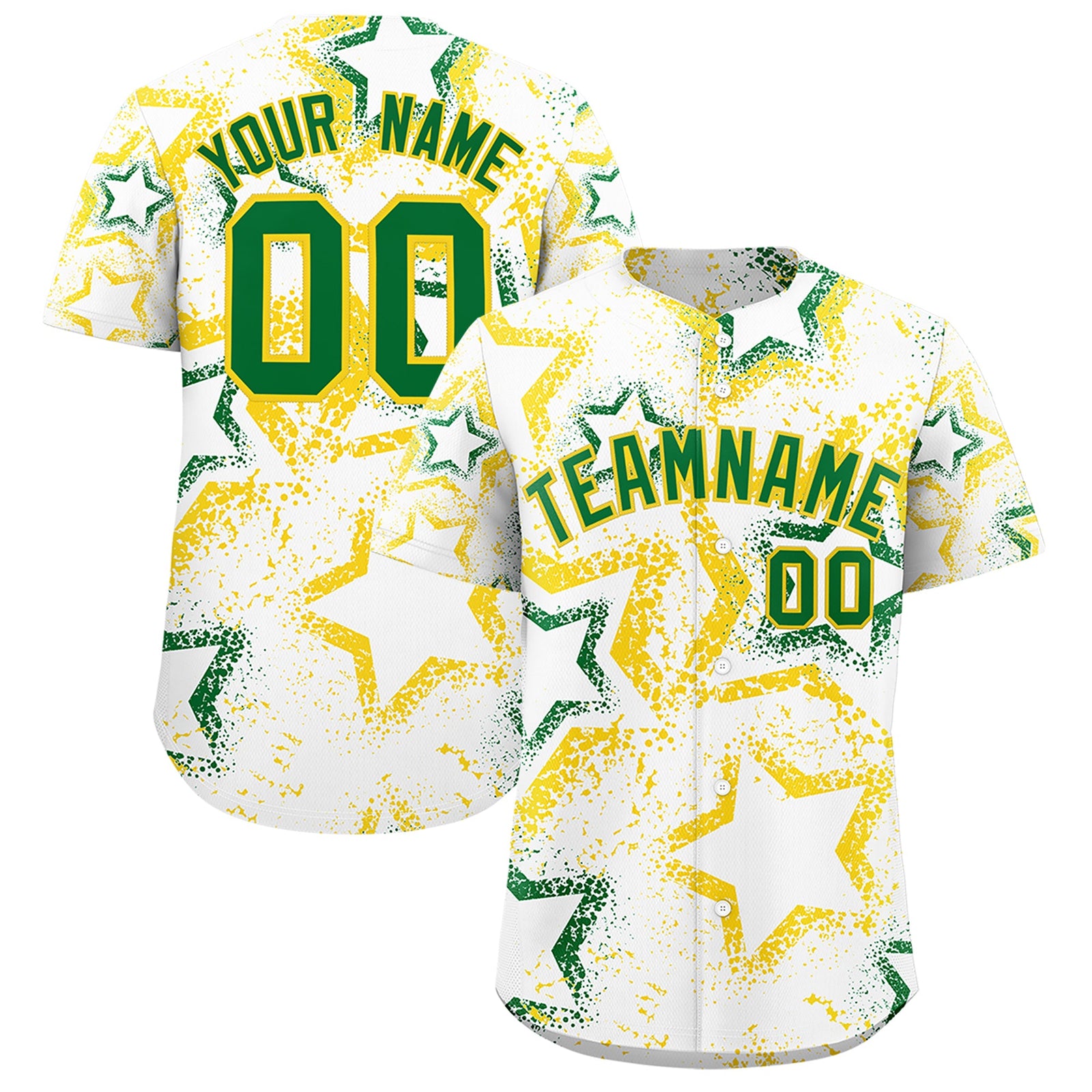 Custom White Gold Kelly Green Star-Shaped Ink Texture Graffiti Pattern Baseball Jersey | Sublimation Printed & Stitched,Add Name and Numbern,Perfect for Parties,Perfect for Training | KXKSHOP