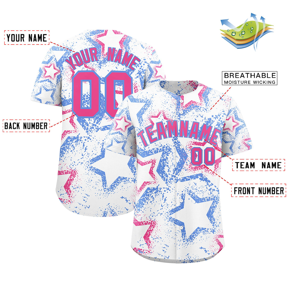 Custom White Light Blue Pink Star-Shaped Ink Texture Graffiti Pattern Baseball Jersey | Sublimation Printed & Stitched,Add Name and Numbern,Perfect for Parties,Perfect for Training | KXKSHOP