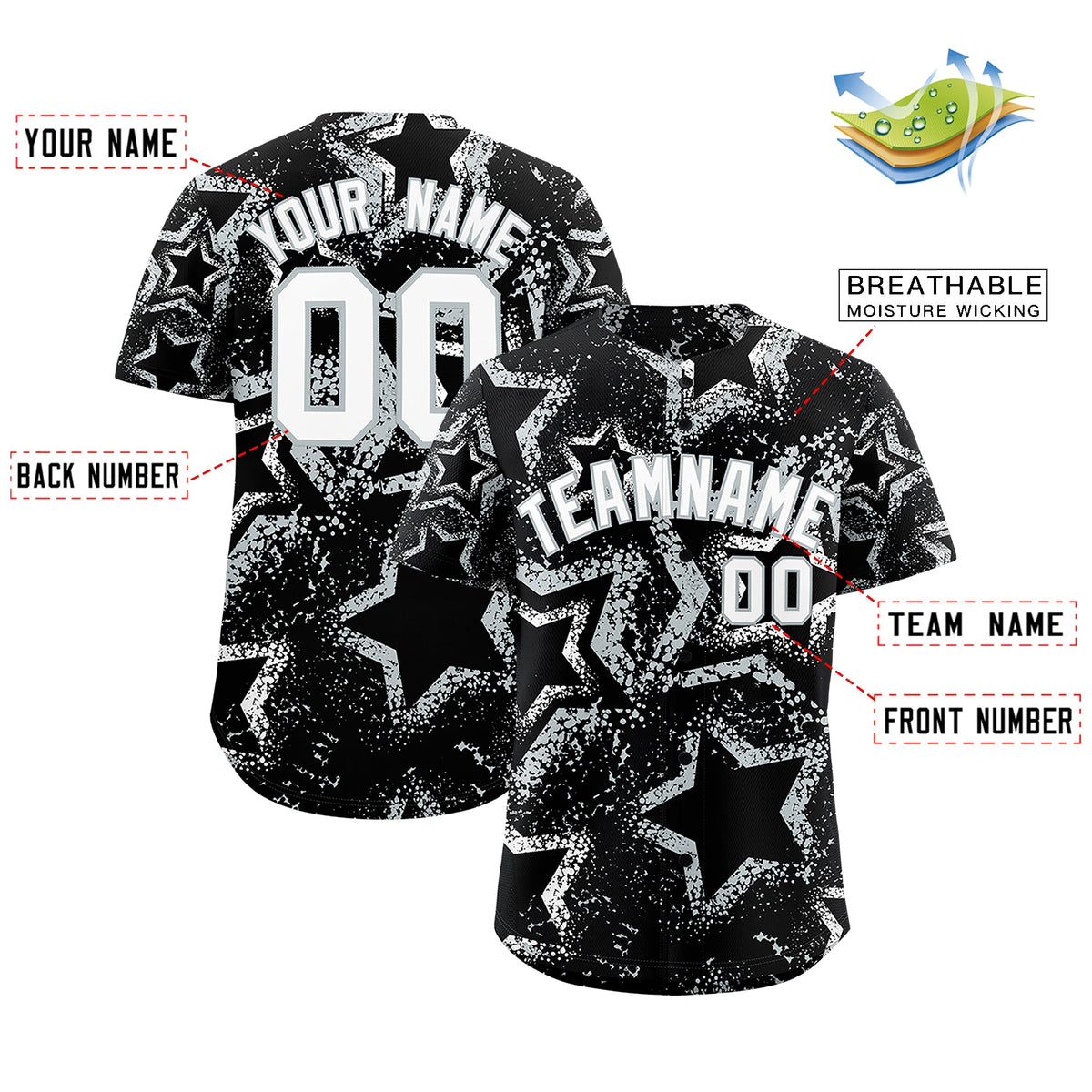 Custom Black White Silver Star-Shaped Ink Texture Graffiti Pattern Baseball Jersey | Sublimation Printed &amp; Stitched,Add Name and Numbern,Perfect for Parties,Perfect for Training | KXKSHOP