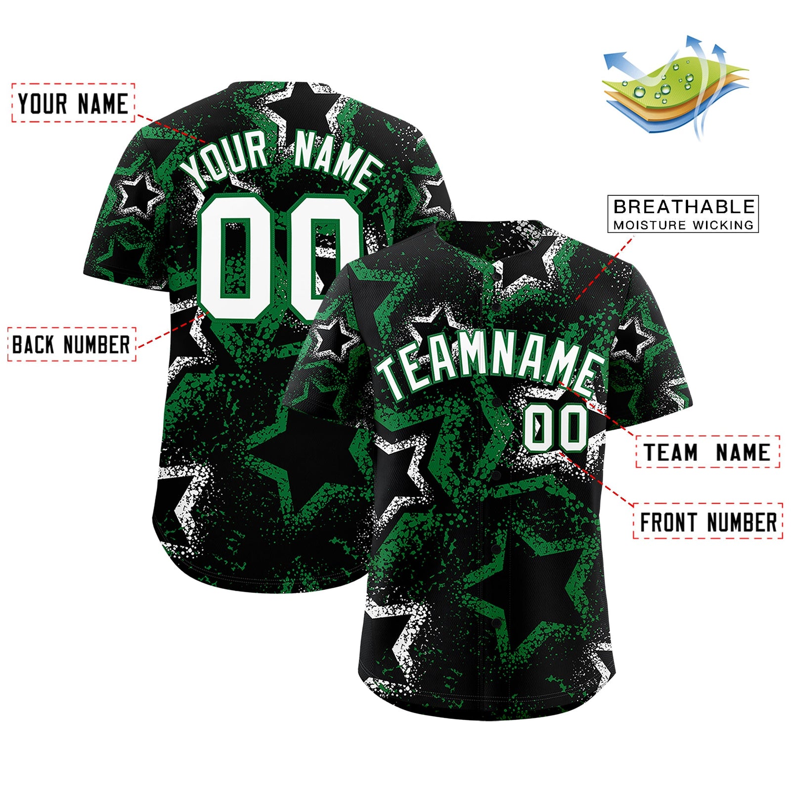 Custom Black White Kelly Green Star-Shaped Ink Texture Graffiti Pattern Baseball Jersey | Sublimation Printed & Stitched,Add Name and Numbern,Perfect for Parties,Perfect for Training | KXKSHOP